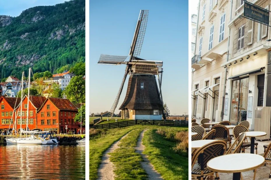 Rekordowo krótkie nazwy miejscowości w Europie Foto: zdjęcia przedstawiające domy w Norwegii, młyn w Holandii i francuską uliczkę