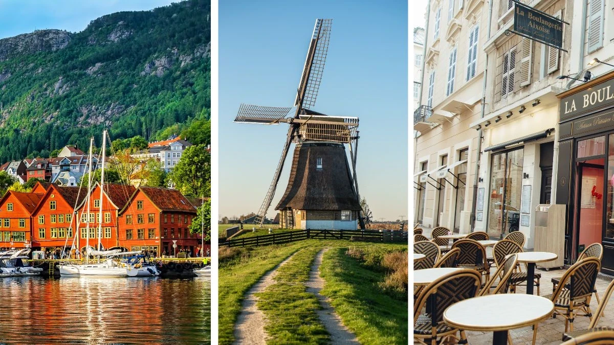 Rekordowo krótkie nazwy miejscowości w Europie Foto: zdjęcia przedstawiające domy w Norwegii, młyn w Holandii i francuską uliczkę