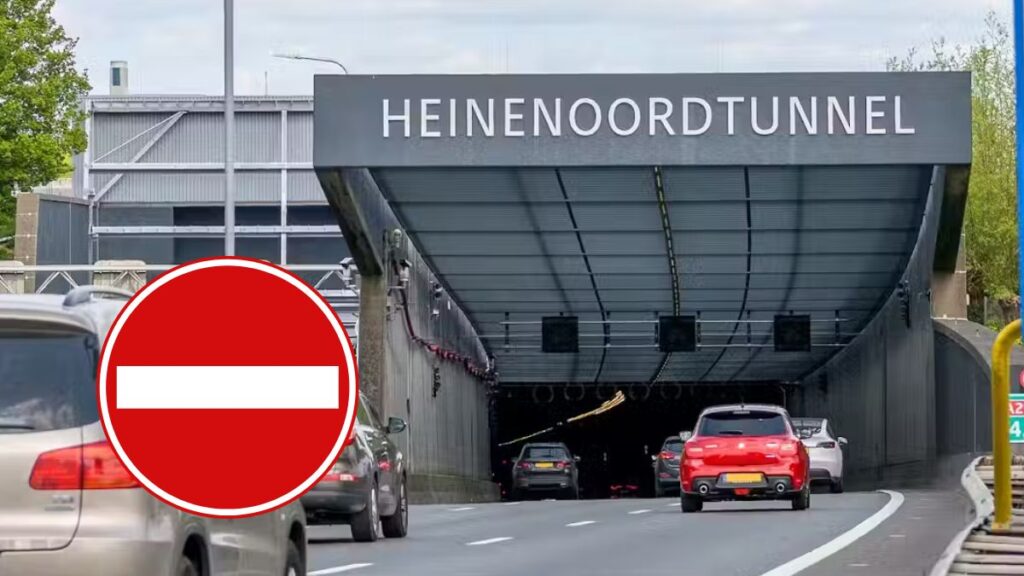 Zamknięcie tunelu Heinenoord na A29 Foto: wjazd do tunelu i znak zakaz wjazdu